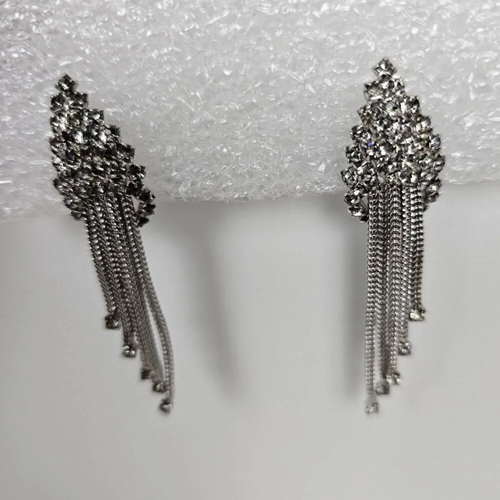 Vintage Silver Tone Crystal Rhinestone Brooch Pin‎ Clip On Earring Set Waterfall
